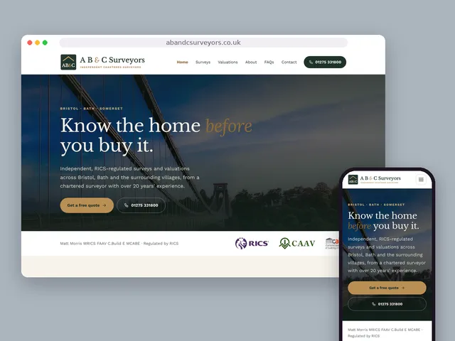The A B & C Surveyors website on a computer and a phone