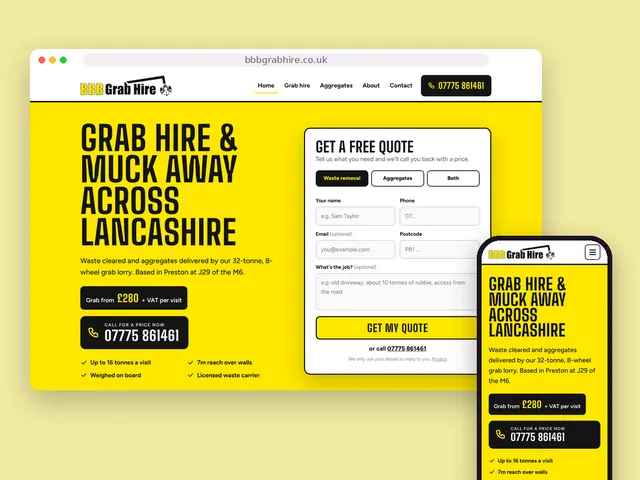 The BBB Grab Hire website on a computer and a phone