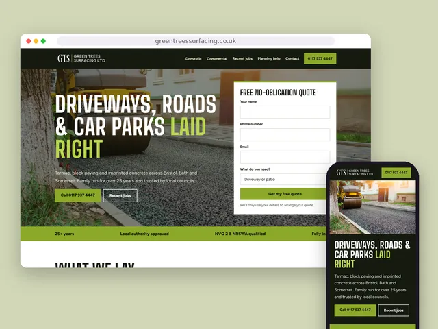 The Green Trees Surfacing website on a computer and a phone