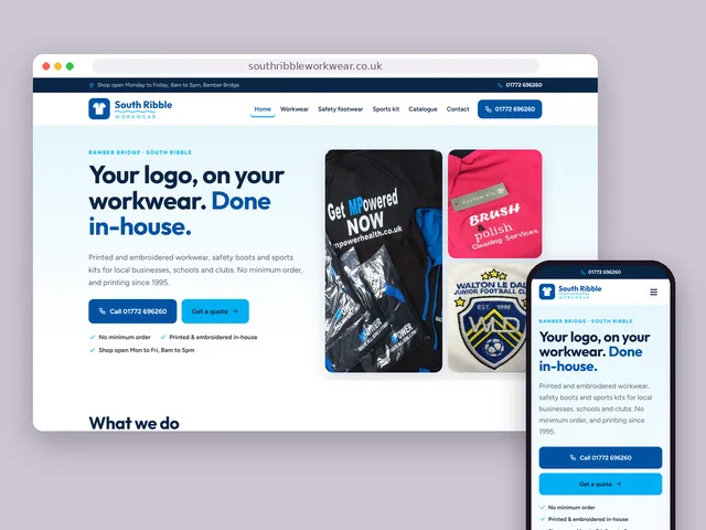 The South Ribble Workwear website on a computer and a phone